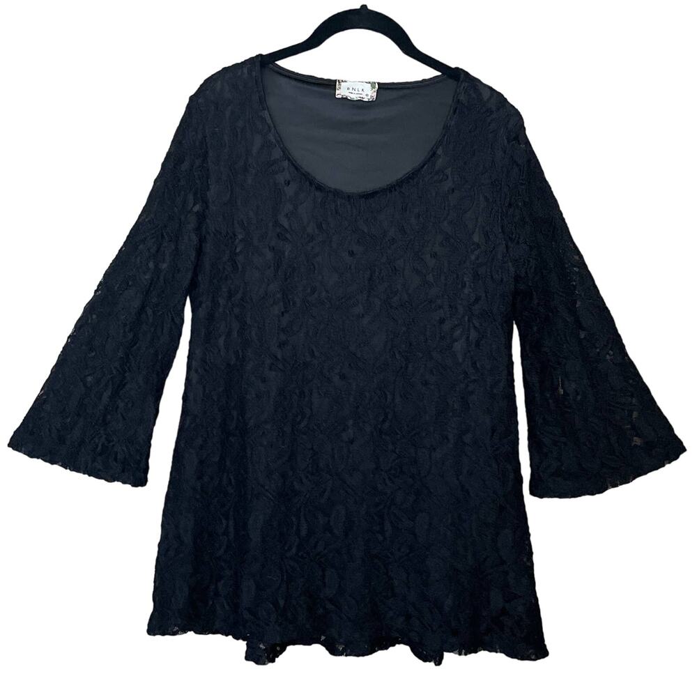 BNLK Solid Black Lace Crop Bell Sleeve Tunic Top Size Medium
